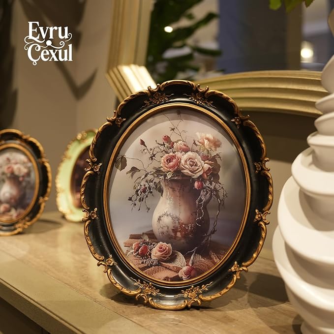 Oval Frame 8x10 - Black Gold Vintage Picture Frames 8x10, Antique Ornate Frames 8 X 10 With Glass Front For Tabletop Photo Display And Wall Hanging, Golden Frame 8 By 10