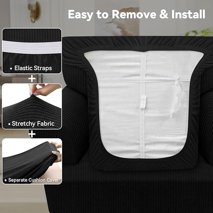 Waterproof Chair Cover with Arms 2-Piece Set Striped Slipcover for 1 Separate T Cushion Couch - TPU Fabric Armchair Covers Leakproof Couch Protector for Kids, Pets(Chair, Black)