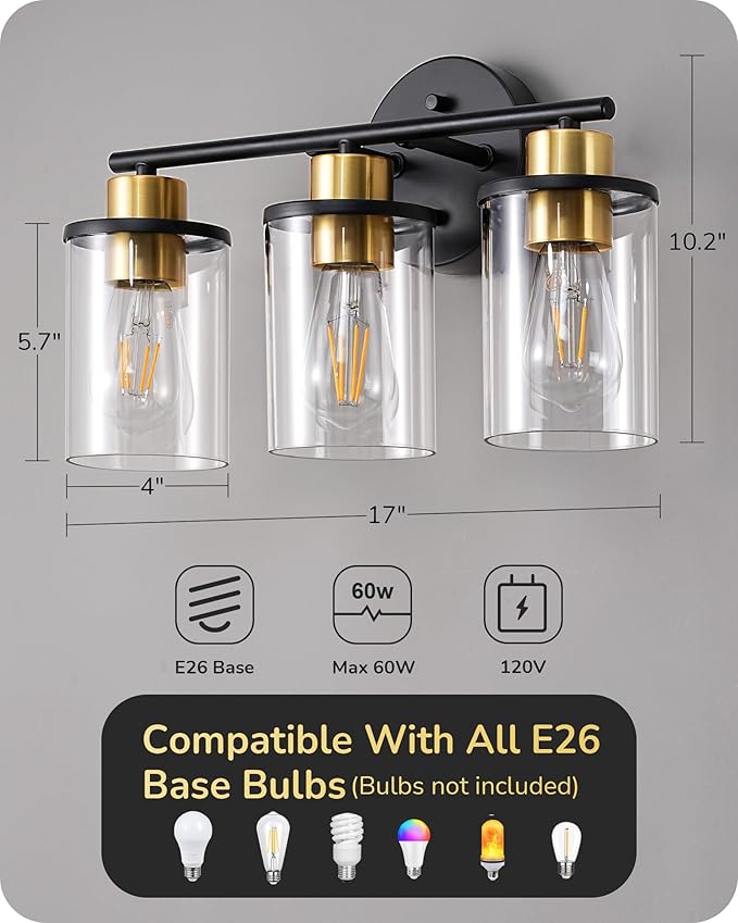 EDISHINE Bathroom Light Fixtures, 3-Light Bathroom Vanity Lights Over Mirror, Modern Bath Wall Sconce Lamp with Clear Glass Shade for Powder Room, Vanity Table, Mirror, Kitchen Black and Gold