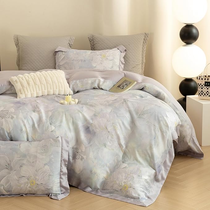 ECOCOTT Bedding 3-Piece Duvet Cover Set Queen Size – Silky Soft 100% Lyocell, Cooling & Breathable for Hot Sleepers, Misty Bloom Floral Pattern, Moisture-Wicking Luxury