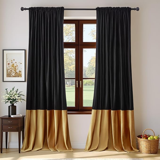 Velvet Curtains 108 inches Long for Living Room Blak Gold,2 Panels Blackout Curtains Modern Color Block Back Tab Rod Pocket Soundproof Drapes for Bedroom Window Decor