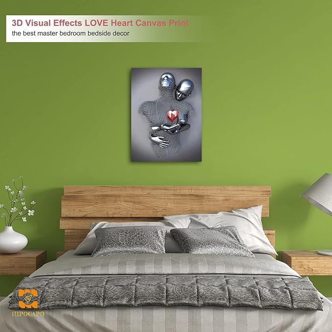 HIPOCAPO 3D Metal Effect Wall Art - Love Heart Canvas Art, Silver Modern Abstract Hug Lovers Painting Picture Poster Prints for Bathroom, Romantic Couple Living Room Framed18''x24''x1Pcs 3d Art-11