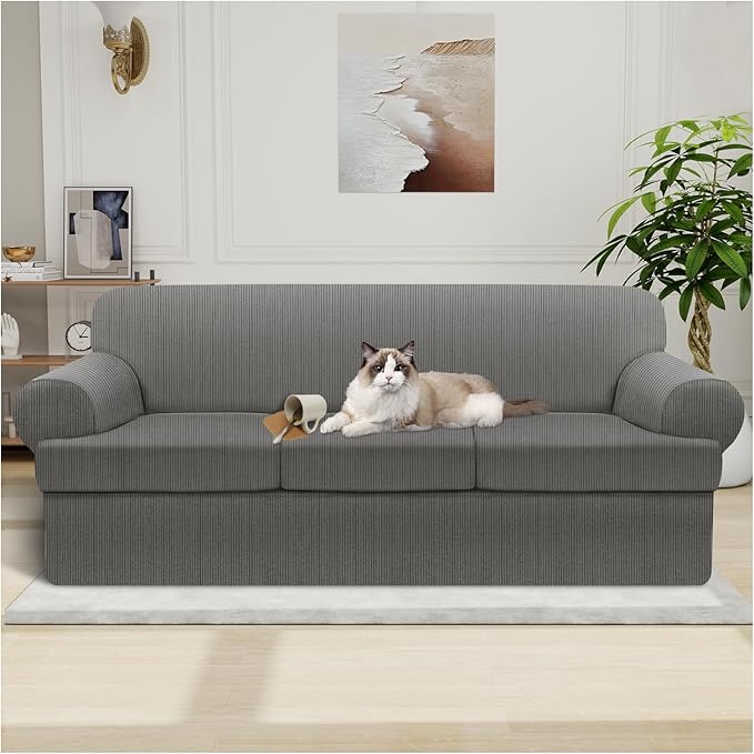 Waterproof Couch Cover 4-Piece Set Striped Sofa Slipcovers for 3 Separate T Cushion Couch - TPU Fabric Sofa Covers Leakproof Couch Protector for Kids, Pets(3 Cushion Sofa, Gray)