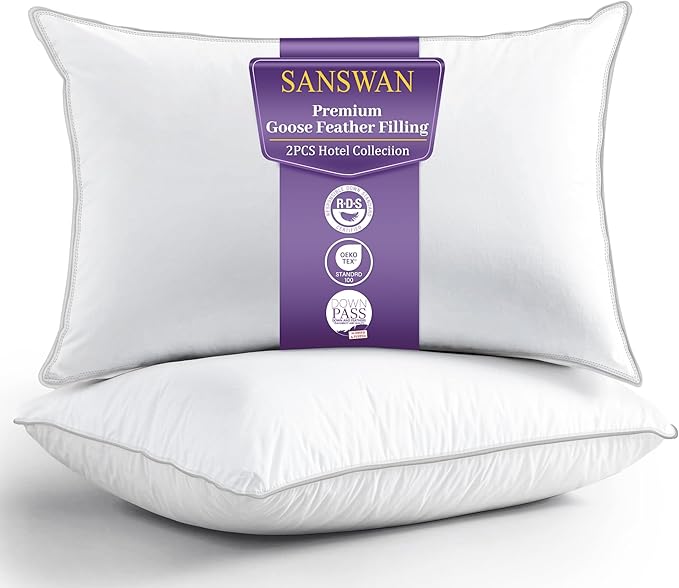 SANSWAN Goose Down Feather Blend Pillows Queen Set 2, 650 Fill Power 100% Cotton Shell, Hotel Quality Hypoallergenic Medium Firm, Machine Washable for Back/Stomach/Side Sleepers