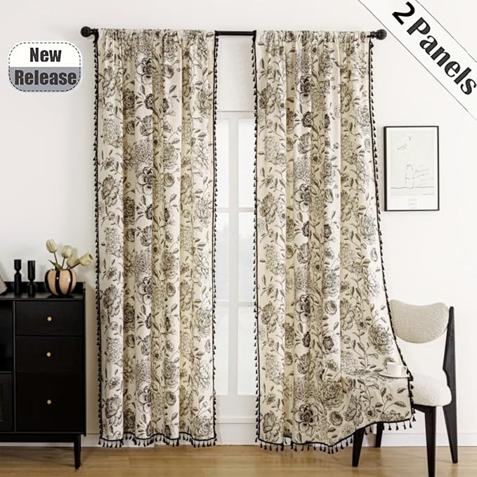 F-CHU Patterned Curtains for Living Room 90 Inch Length French Country Floral Drapes Farmhouse Rustic Vintage Window Curtain Panels for Bedroom Chic Country Curtains，2 Panel 52" W x 90" L