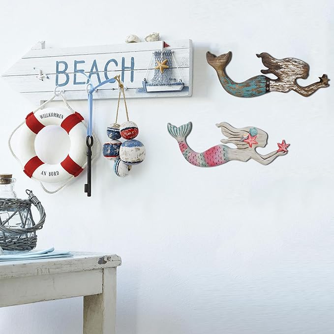 Veclotch Wood Mermaid Nautical Beach Wall Decor, Rustic Mermaid Wooden Hanging Coastal Wall Art Sculpture for Home, Lake House, Ocean Bathroom Decor