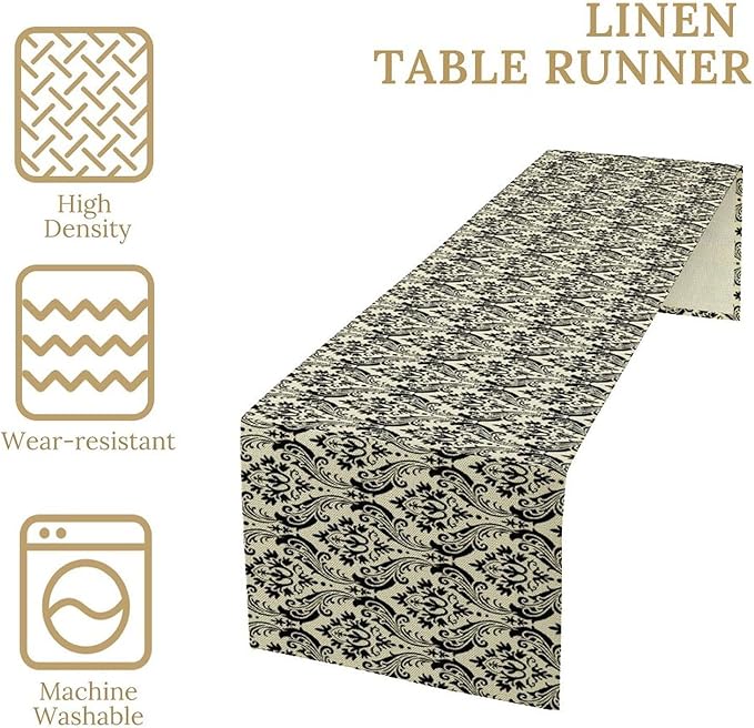 Vintage Damask Pattern Table Runner,Black Beige Textured Table Runner for Kitchen Dining Party Decor 13x108in