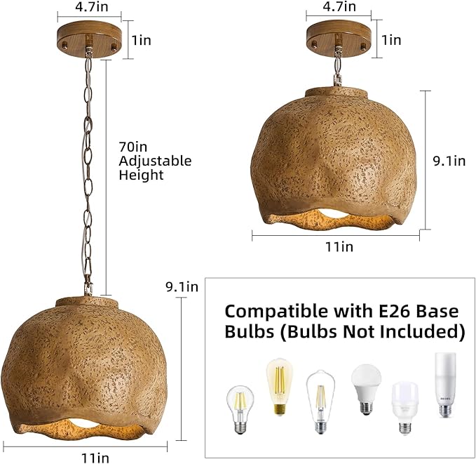 Farmhouse Pendant Light for Kitchen Island, 11" Rustic Brown Hanging Ceiling Light Fixture for Dining Room, Kitchen, Living Room, Hallway, Resin Dome Shade, E26 Base
