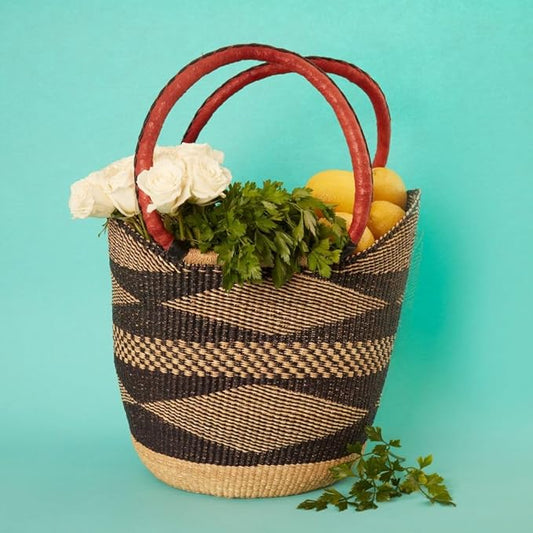 Black Natural Picnic Basket, Reusable Grocery Bag, Kitchen & Dining Storage, Countertop Fruits Holder, Farmers Market, Beach, Harvesting, Foraging, Decorative, Wicker, Woven, Boho Style
