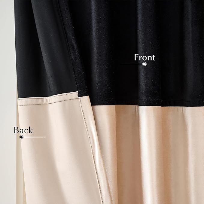 Velvet Curtains 96 inches Long for Living Room Black Champagne Beige,2 Panels Blackout Curtains Modern Color Block Back Tab Rod Pocket Soundproof Drapes for Bedroom Window Decor