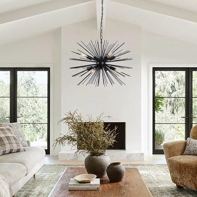 24.21" Black Sputnik Chandelier Vintage Geometric Starburst Chandelier Light Fixture Modern Solid Metal Firework Chandeliers for Dining Room, Kitchen Island, Bedroom, Living Room, E12
