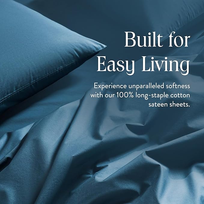Brooklinen Luxury Sateen 4 Piece Sheet Set - 100% Cotton Bed Sheets, Soft & Durable Queen Size Sheets Set in Abyss Blue, Oeko-TEX Certified Bedding Set, 1 Fitted Sheet, 1 Flat Sheet, 2 Pillowcases