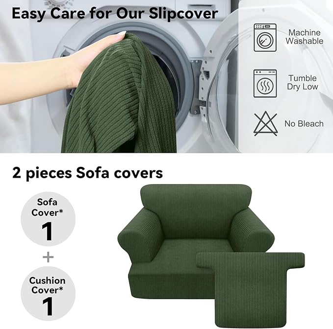 Waterproof Chair Cover with Arms 2-Piece Set Striped Slipcover for 1 Separate T Cushion Couch - TPU Fabric Armchair Covers Leakproof Couch Protector for Kids, Pets(Chair, Military Green)