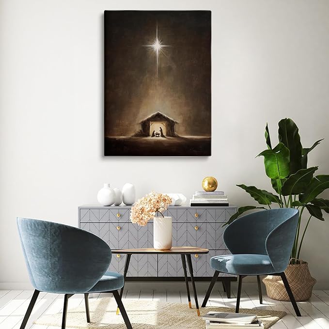 Vintage Style Christmas Manger Art Print:Christian Nativity Scene with Star of Bethlehem,Neutral Holiday Decor,Baby Jesus Artwork