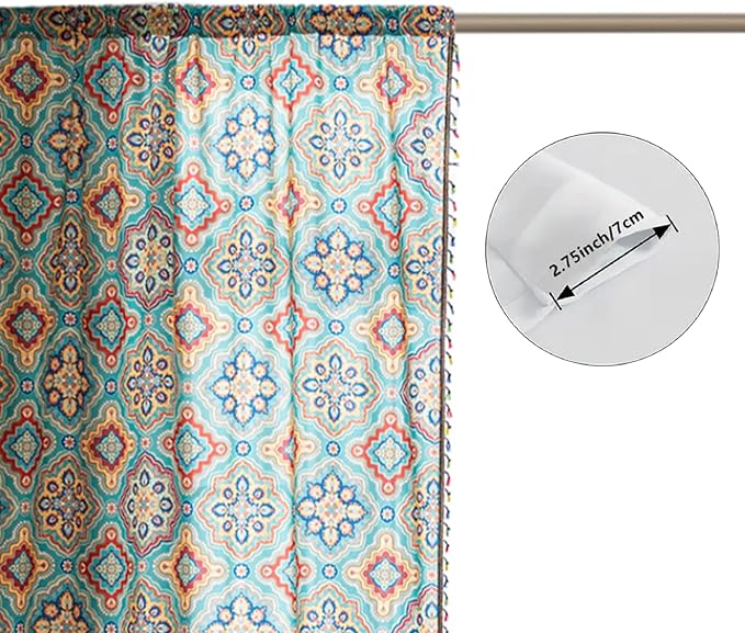 Boho Curtains Geometric Light Filtering Semi-Blackout Window Curtains 84 Inches Long Rod Pocket Drapes for Living Room 2 Panels-Geometric Blue