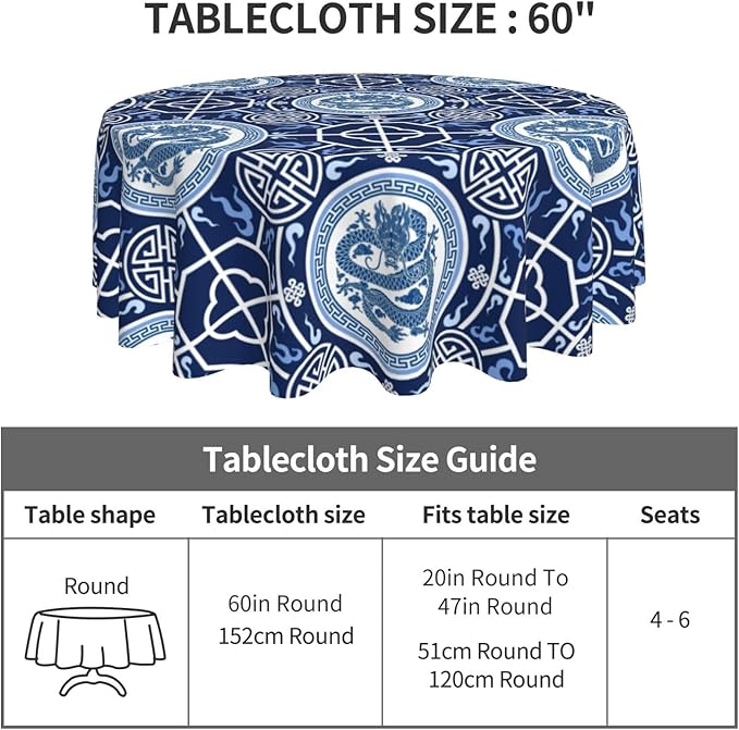 Chinoiserie Tablecloth Round, Traditional Zodiac Dragon Vintage Asian Style Oriental Luxury Water Resisitant Table Cover for Dining Kitchen Living Room Home Party Holiday Decor 60 inch Round