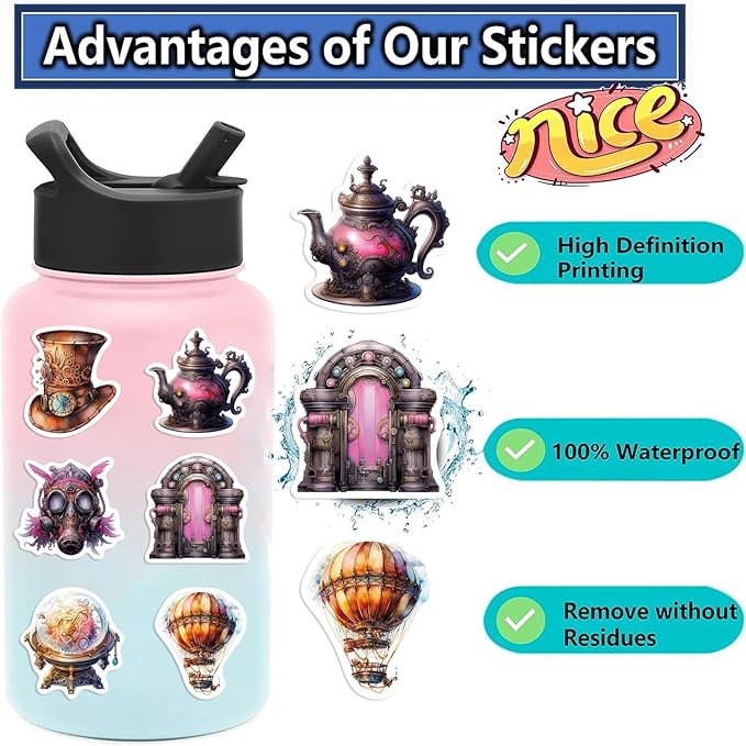 50-Piece Steampunk Sticker Pack – Vintage Victorian Mechanical Art Stickers for Scrapbooks, Laptops, Journals, Mug, Water Bottles