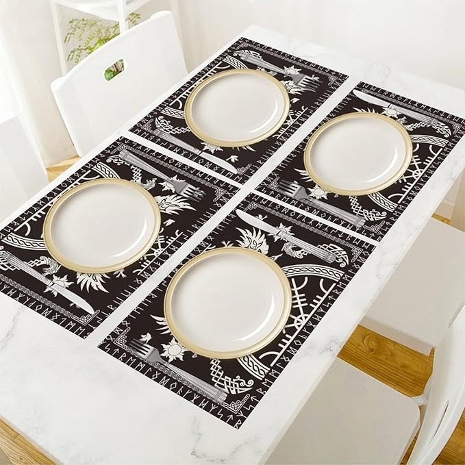 Black Viking Placemat Set of 6, 12x18 Inch Rustic Tree of Life Nordic Mythology Raven Helmet of Awe Dragon Animal Vintage Coffee Table Mats for Outdoor Farmhouse Kitchen Dining Table Decoration