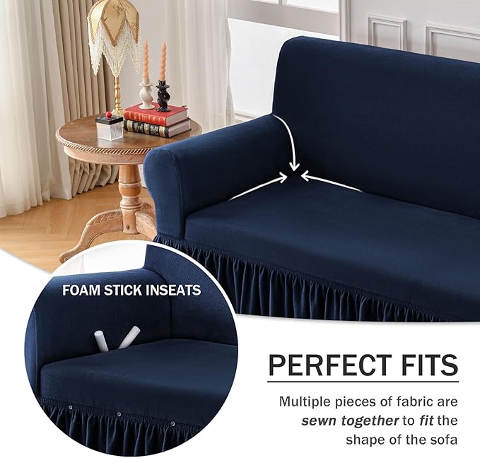 NICEEC Sofa Cover Thick Plush 1-Piece Warm Navy Blue Sofa Slipcover for Sofas Stretch Fluffy Couch Covers for Living Room Easy Fit Washable Soft Furniture Sofa Protector with Skirt