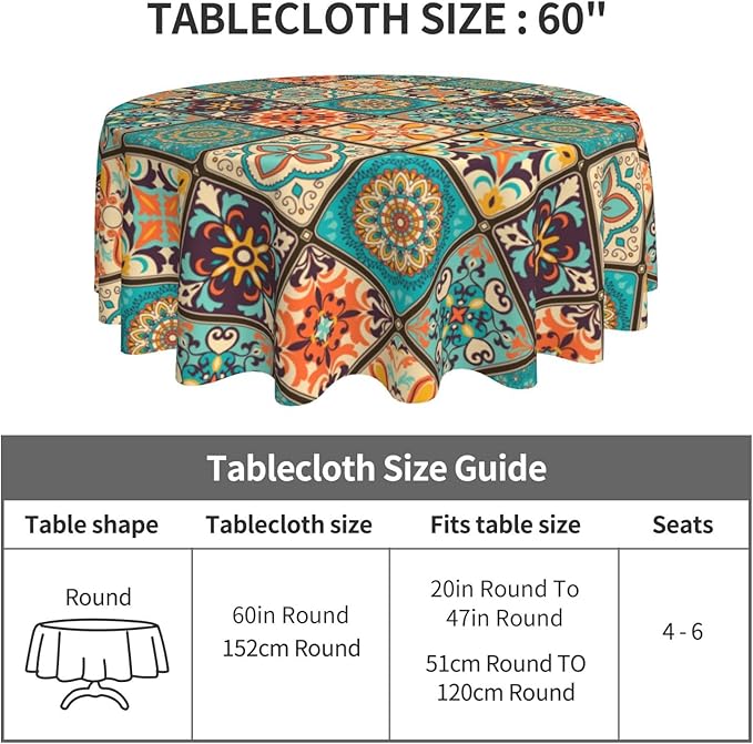 Mexican Ceramic Round Tablecloth, Colorful Talavera Tile Mandala Traditianal Boho Water Resisitant Wipeable Table Cover for Dining Kitchen Living Room Home Party Holiday Decor 60 inch Round