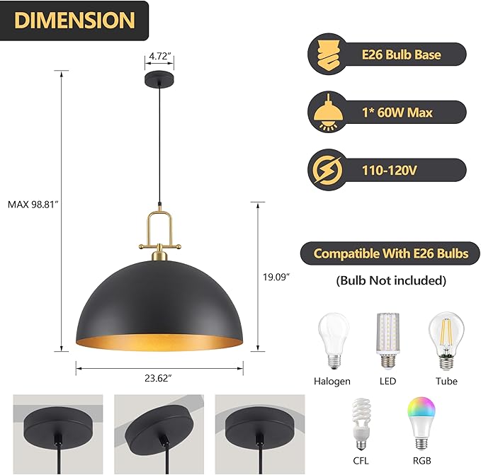 23.7" Oversize Dome Pendant Light, Black and Gold Pendant Light Fixtures Large Dome Chandelier for Dining Room, Kitchen Island, Entryway, Hallway, Bedroom