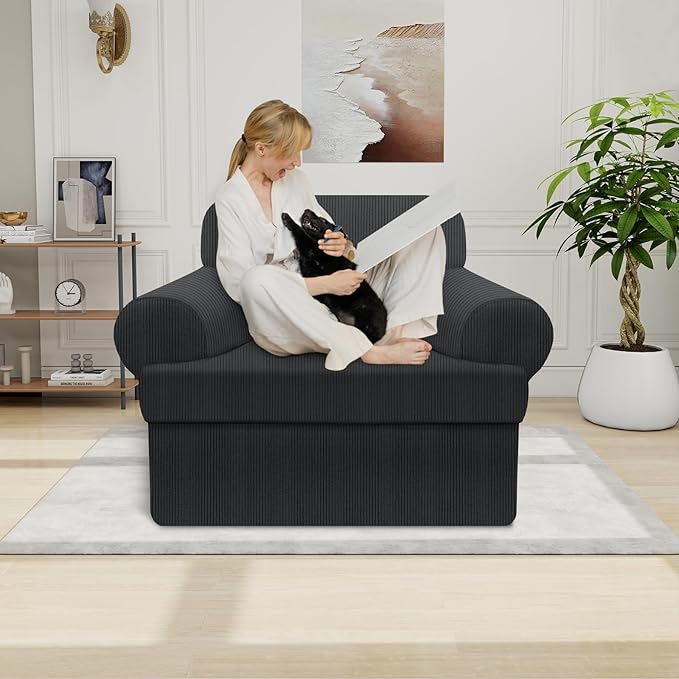 Waterproof Chair Cover with Arms 2-Piece Set Striped Slipcover for 1 Separate T Cushion Couch - TPU Fabric Armchair Covers Leakproof Couch Protector for Kids, Pets(Chair, Dark Gray)