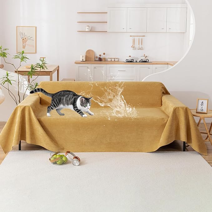 VClife Anti Cat Scratch Sofa Cover, 100% Waterproof Couch Cover for Pets Sofa Cover for Sectional Sofa, Anti Slip Couch Protector Washable Throw Couch Cover for 2 Cushion Couch Sofa, Yellow, 71"X118"