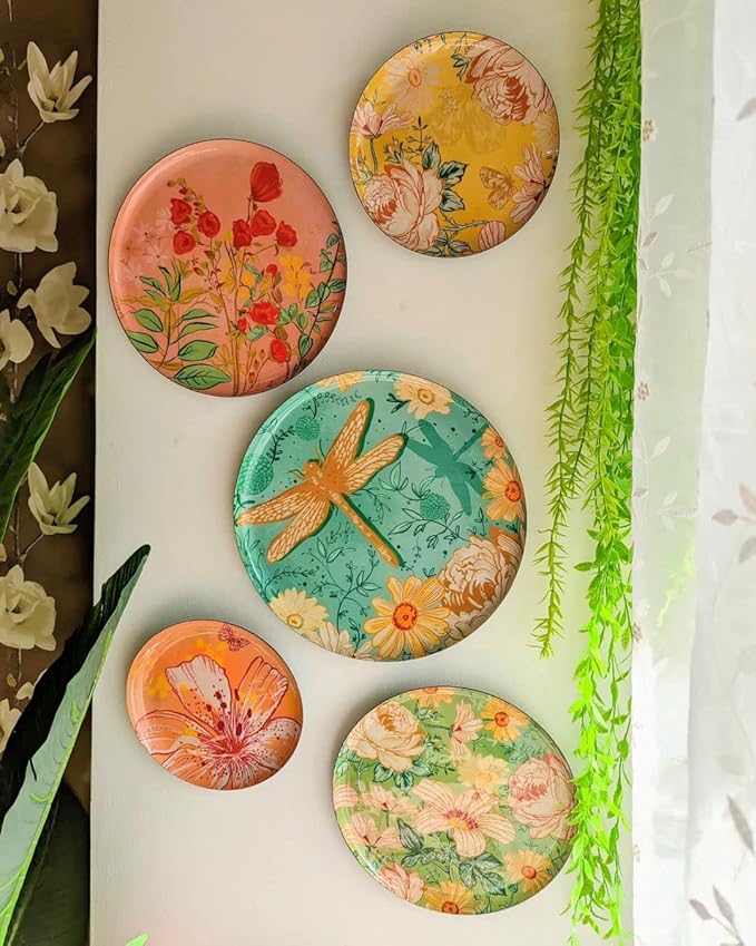 RITUALISTIC Pastel Blooms Iron Wall Art Plates – Set of 5 Decorative Plates | Floral & Nature-Inspired Metal Wall Decor | Soft-Toned Wall Hanging for Living Room, Bedroom & Christmas gifts