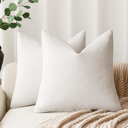 Foindtower Pack of 2 Soft Textured Chenille Throw Decorative Pillow Covers Square Accent Solid Cushion Cover Neutral Farmhouse Pillow Case for Couch Sofa Bedroom Living Room 22x22 Inch, Ivory White