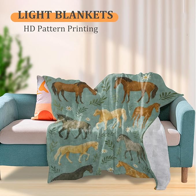 Beautiful Horses Blanket, Daisy and Leaves 50 x 40 Inch Flannel Throw Blanket, Gifts for Women Kids, Lightweight Cozy Warm Blankets for Sofa Travel Home Decor