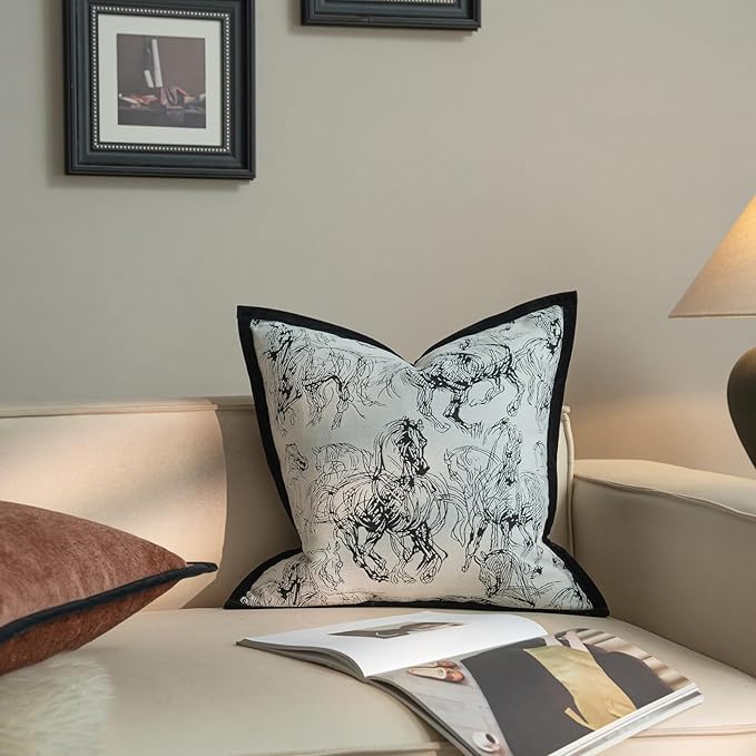New 22x22'' inches Throw Pillow Cushion Covers - Black Horse Chenille Jacquard Embroidery with Edge Strip Luxury Modern Style Couch Sofa Bed Pillow Cover for Living Room Bedroom