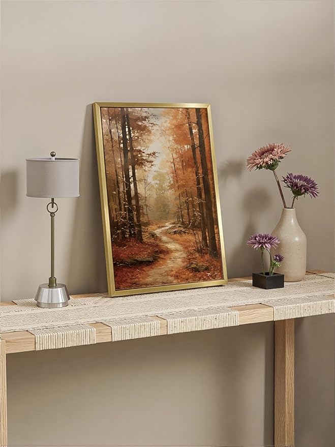 AIMAILON Vintage Gold Canvas Wall Art Framed Decor Classical Autumn Forest Trail Nature Theme Landscape Artwork Botanical Aesthetic Picture Home Interior Decoration 12x18