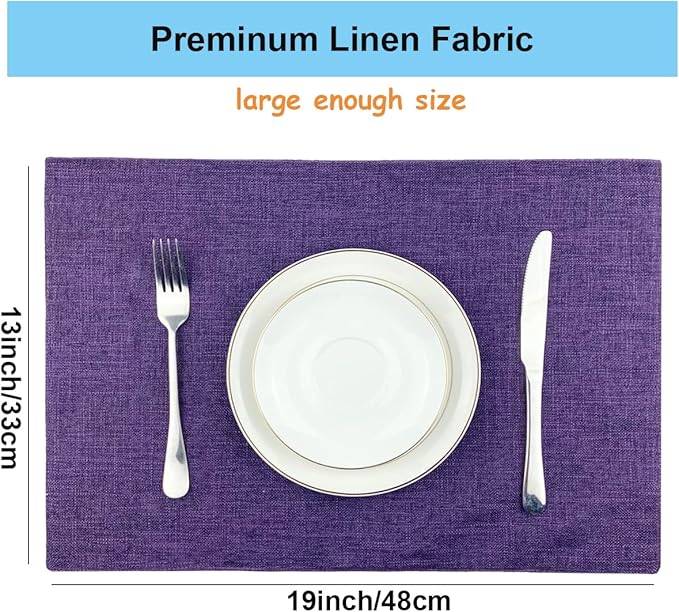Weabetfu Cloth Placemats Set of 4 Heat Resistant Dining Table Placemmats Cotton Linen Machine Washable Kitchen Table Mats Wrinkle Free Thick Fabric Place Mat,Easy to Clean,13"x19" Purple
