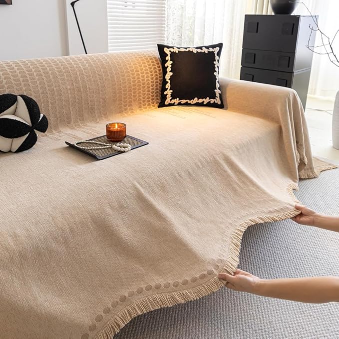 ROOMLIFE Khaki Couch Cover Sofa Covers, Chenille Couches Covers for 3 Cushion Sofas, Non Slip Soft Breathable Sofa Slipcovers for Pet, Washable Furniture Protector with Tassel,71''X134”