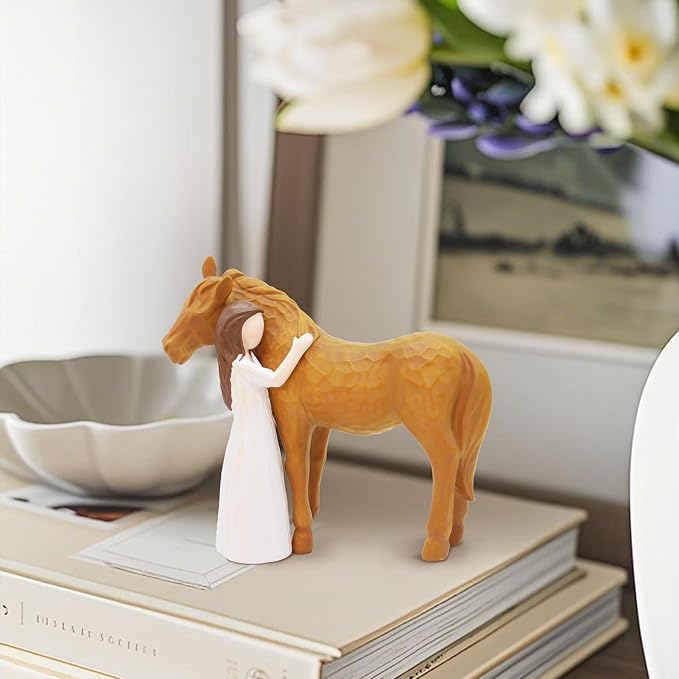 Horse Gifts for Women - Hand-Painted Sculpted Resin Figurine Statue, Girl Embracing Horse Statue Decor Gifts for Girls, Memorial Keepsake for Cowgirls & Equestrians for Birthday