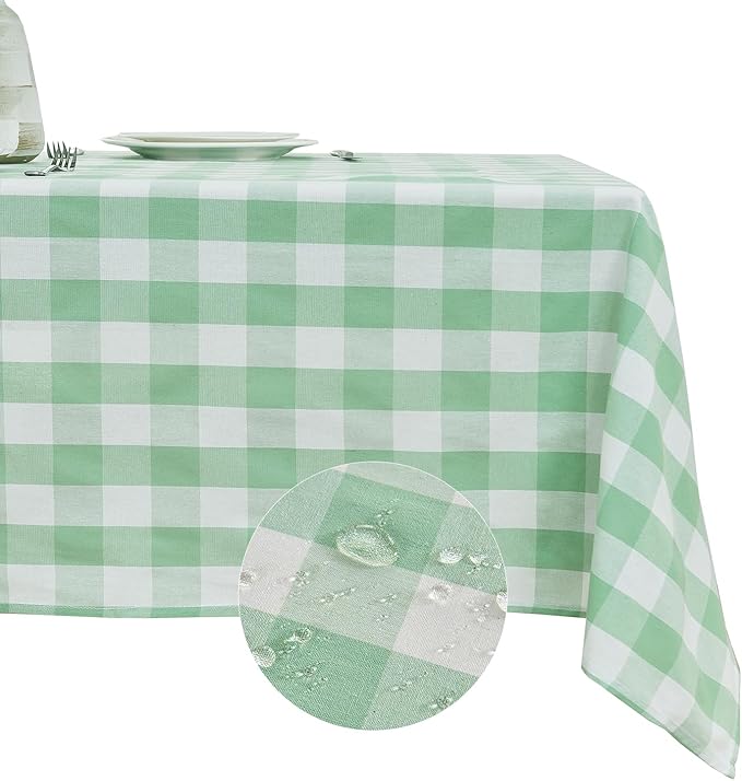 BALCONY & FALCON Rectangle Gingham Table Cloth – Water-Resistant Cotton Blend, Spill-Proof & Washable Checkered Tablecloth for Kitchen, Dining, Picnic, Party (Green White, 55x95 Inch)