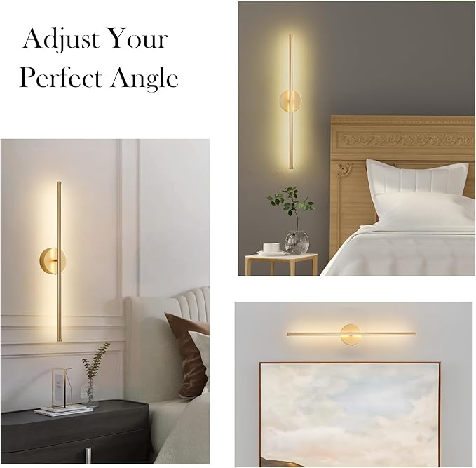 Battery Operated Wall Sconces with Remote Control, Dimmable Wall Sconces Set of Two, 350°Rotate, 3000K LED Gold Wireless Wall Light for Living Room, Bedroom, Hallway, 28.3 Inch (2 Pack)