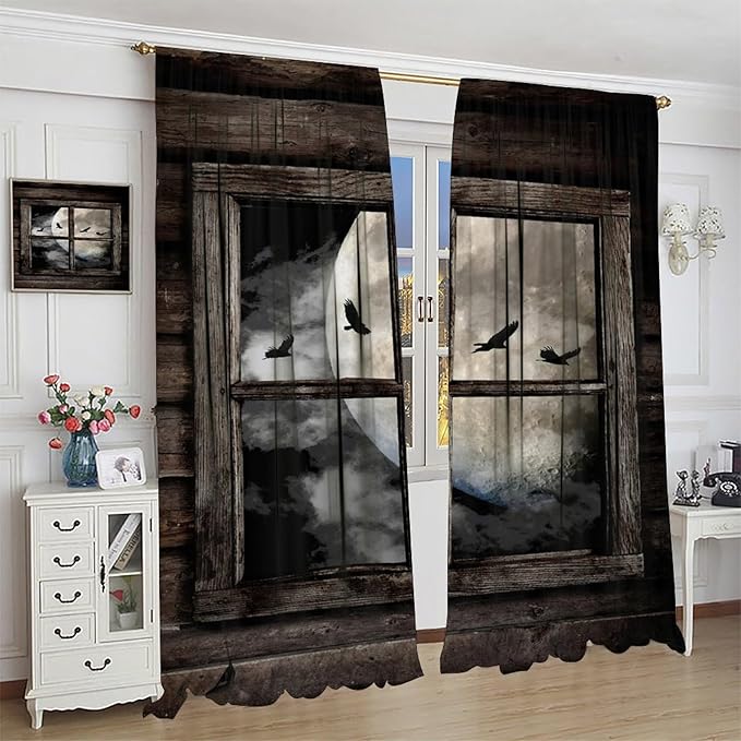 Gothic Halloween Blackout Window Curtains, Black Birds Crow Dark Print Window Drapes, for Home Kids Boys Bedroom Living Room 31.5(W)*63(L) 2 Panels