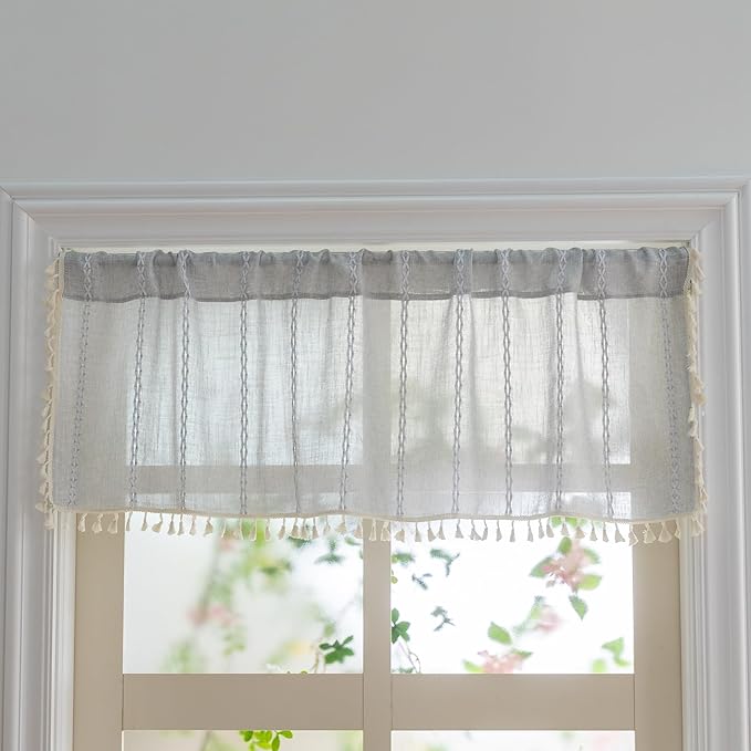 Sutuo Home Boho Curtains Valance for Cafe Windows, Bohemian Short Curtains Light Filtering Linen Country Vintage Tassels Window Treatment Embroidery Drape, Rod Pocket 1 Panel 52" W x 18" L, Light Grey