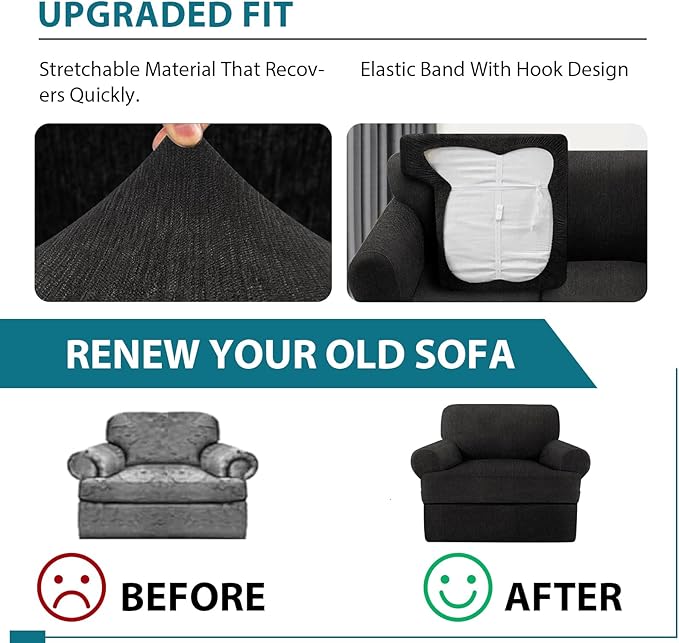 2 Pieces T Cushion Chair Covers with Arms Super Stretch Chair Slipcover for Living Room Pet Dog Universal Slip Cover Anti Slip Armchair Furniture Protector (Black, 1 Cushion)