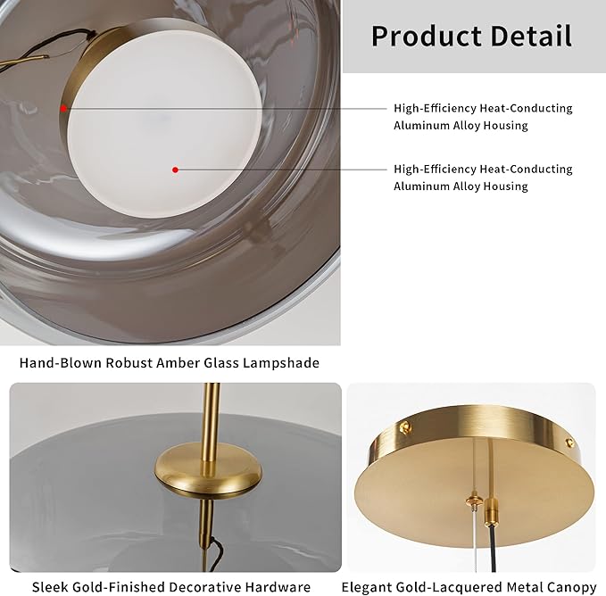 Modern Glass LED Pendant Light with Remote,15'' Stepless Dimmable & CCT Adjustable Hanging Height, 25W Modern Gold Finish for Dining Room, Living Room, Bedroom, Ash Gray