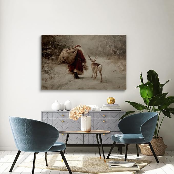 Rustic Reindeer Wall Art,Vintage Santa Claus Print,Antique Christmas Painting,Cozy Winter Scene Decor,Old World Holiday Print