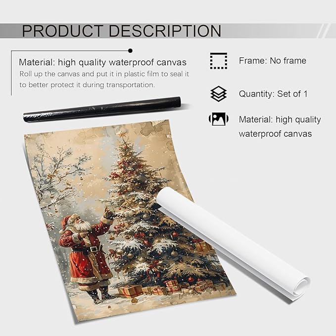 Vintage Christmas Santa Wall Art Prints,Neutral Santa & Tree Drawing,Winter Forest Holiday Poster,Antique Christmas Holiday Wall Decor