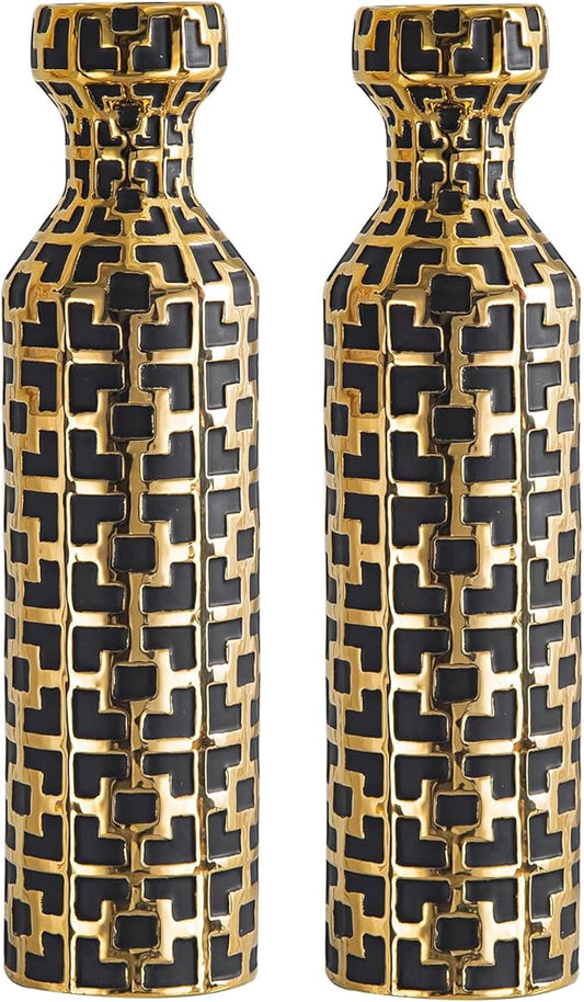 Pair of 24.4" Tall Ceramic Cylinder Vases with Geometric Gold Accents, Large Flower Vase, Decorative Vase - Modern Black & Gold Floor Vases for Living Room, Entryway Decor (Set of 2)