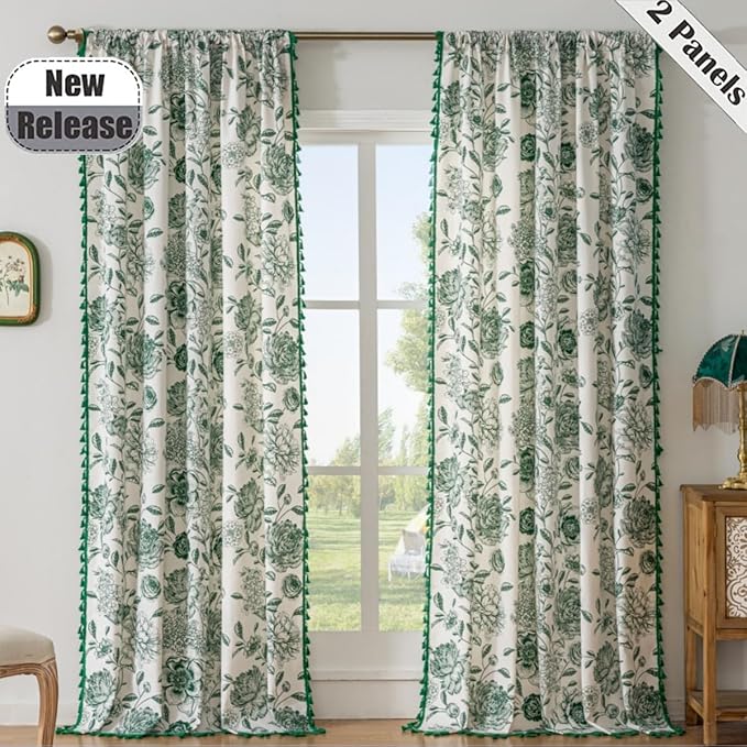 F-CHU Boho Curtains for Living Room 96 Inch Length French Country Floral Drapes Farmhouse Rustic Vintage Window Curtain Panels for Bedroom Chic Cotton Linen Closet Curtains，2 Panel