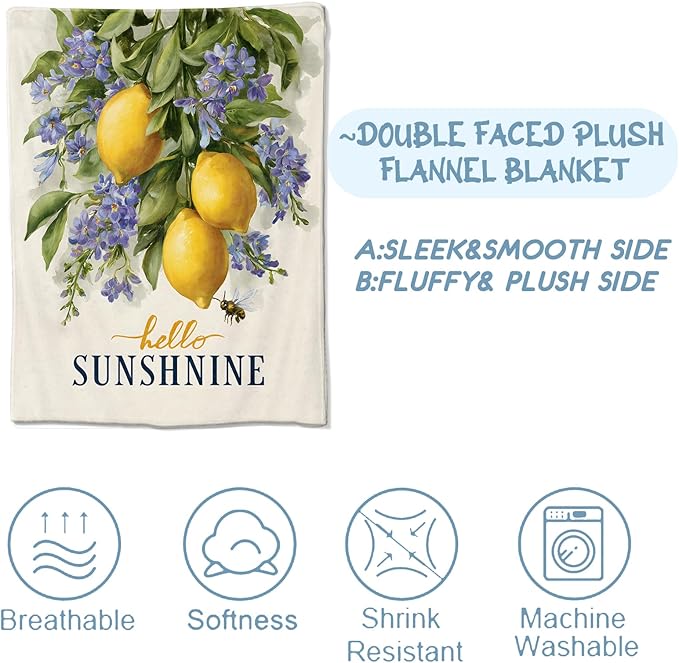 Lemon Blanket,Inspirational Gifts for Girls Women,Soft Lightweight Flannel Throw Blankets,Yellow Fruit Floral and Bee Throws Summer Home Decor,for Camping Living Room Office,60x50inch