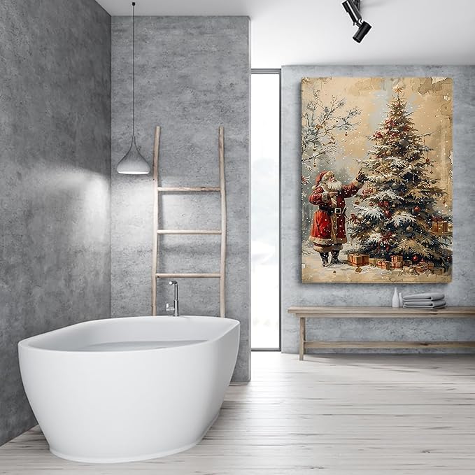 Vintage Christmas Santa Wall Art Prints,Neutral Santa & Tree Drawing,Winter Forest Holiday Poster,Antique Christmas Holiday Wall Decor