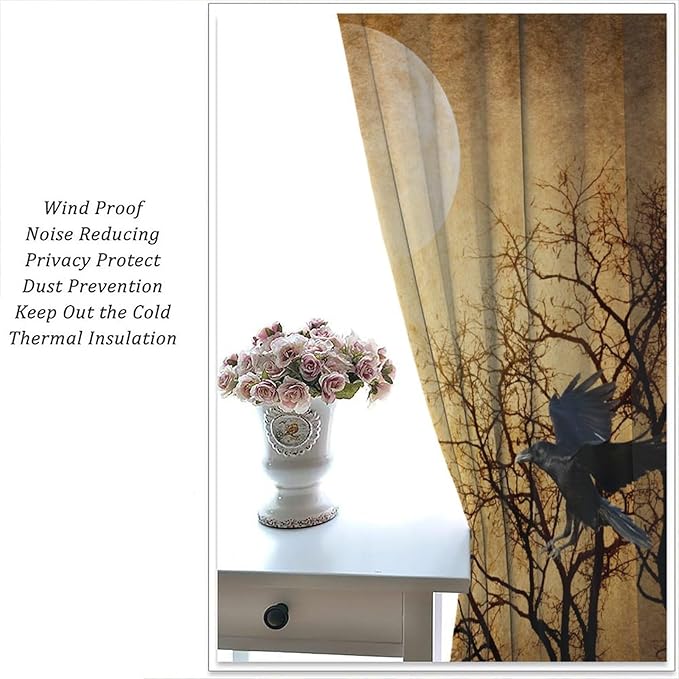 Gothic Crows Blackout Curtains, Vintage Misty Tree Dead Woodland Raven Black Crow Moonlight Retro Window Drapes, for Living Room Bedroom 26(W)*84(L) 2 Panels
