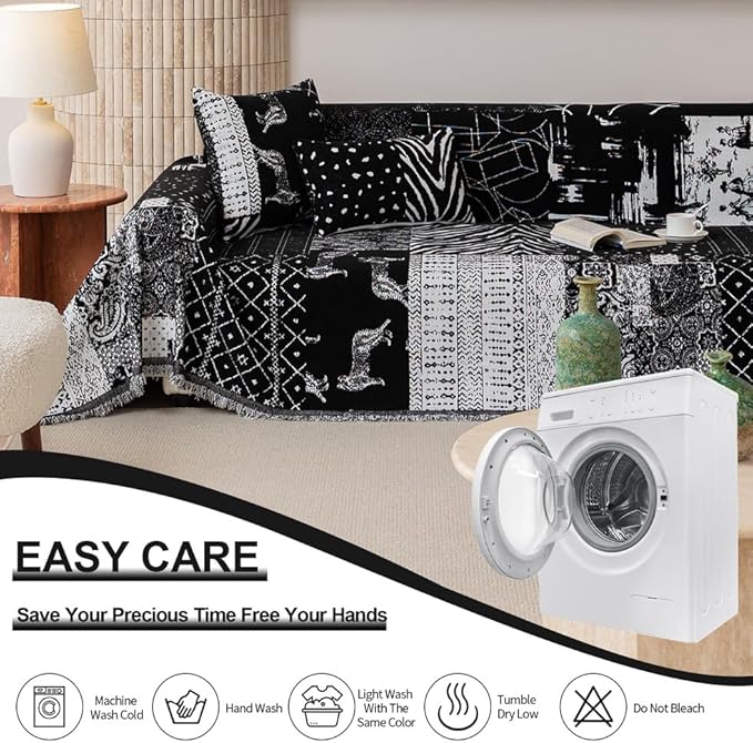 ROOMLIFE Boho Black Couch Covers for 3 Cushion Sofa, Chenille Couch Cover Sectional Sofa Cover for Dog, Washable Furniture Sofa Protector Cover Soft Blanket with Tassel for Living Room, 71 '' X 118''