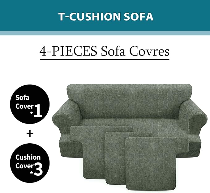 4 Piece T Cushion Sofa Slipcovers Stretch Couch Cover Furniture Covers with 3 Individual T Cushion Covers, Machine Washable for Living Room (Green, 3 Cushions)